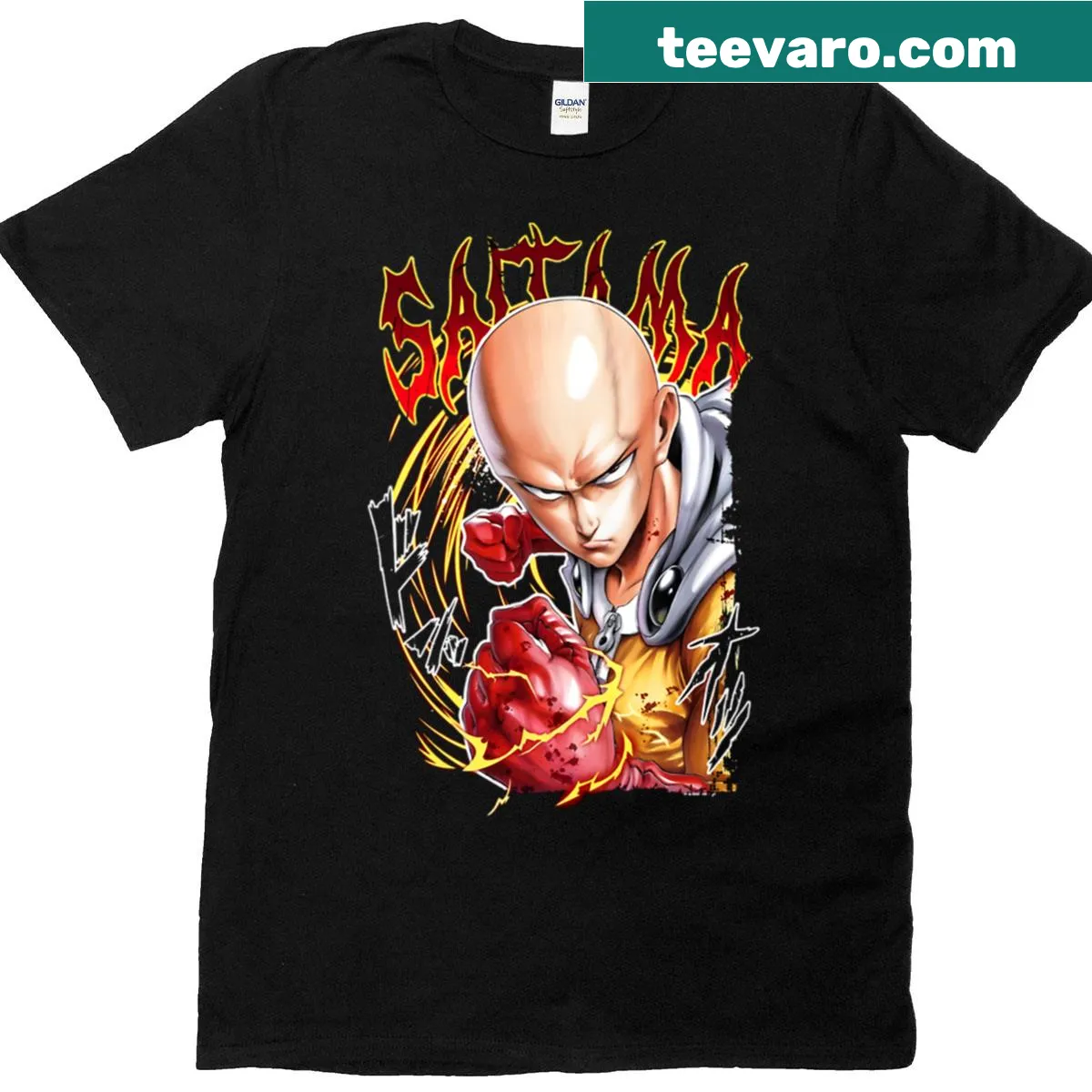 Illustrated T-shirt featuring Saitama from One Punch Man — on a men's t-shirt