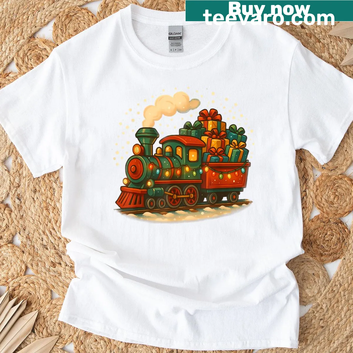 Funny Santa train graphic t-shirt with holiday lights and snow — on a men's t-shirt