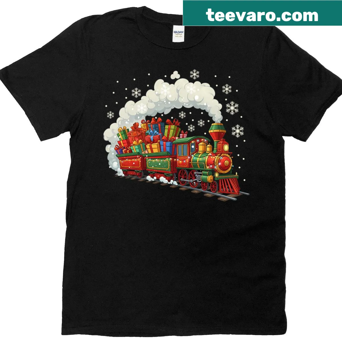 Funny Christmas train illustration T-shirt with snow — on a men's t-shirt