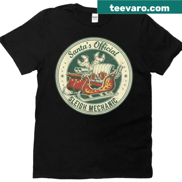 Vintage graphic of Santa's sleigh and tools on a Christmas T-shirt