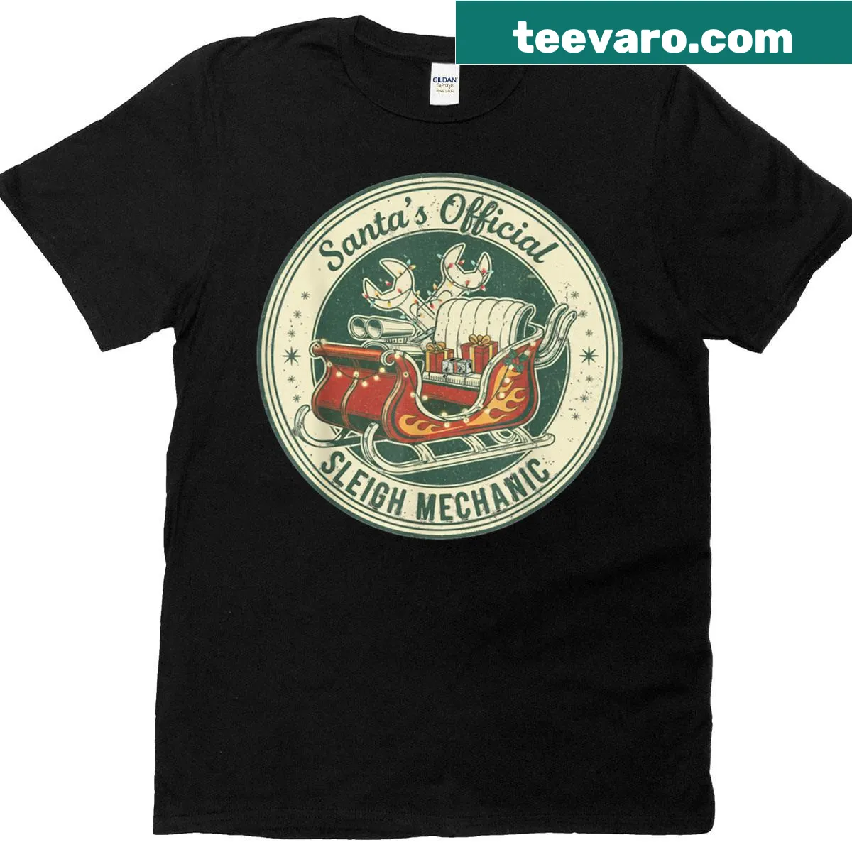 Vintage graphic of Santa's sleigh and tools on a Christmas T-shirt — on a men's t-shirt