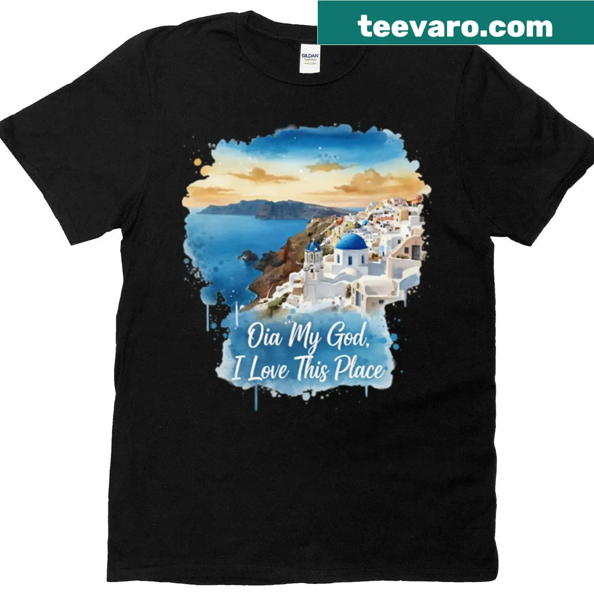 Illustrated Santorini Greek Island t-shirt with Oia design — on a men's t-shirt