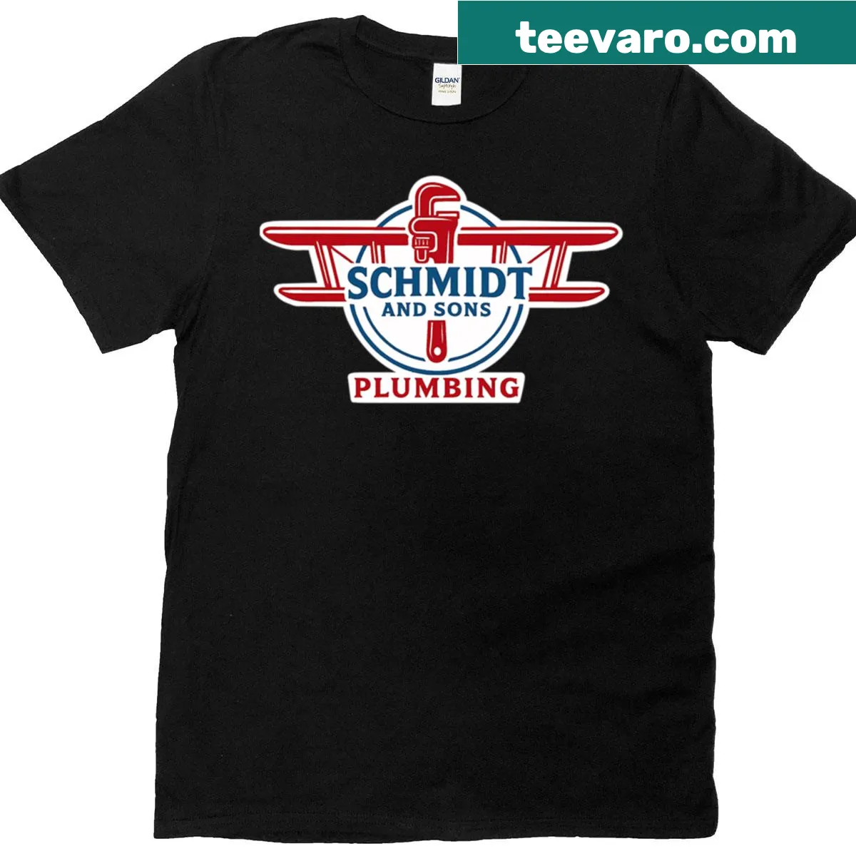 Badge-emblem T-shirt for Schmidt And Sons Plumbing — on a men's t-shirt