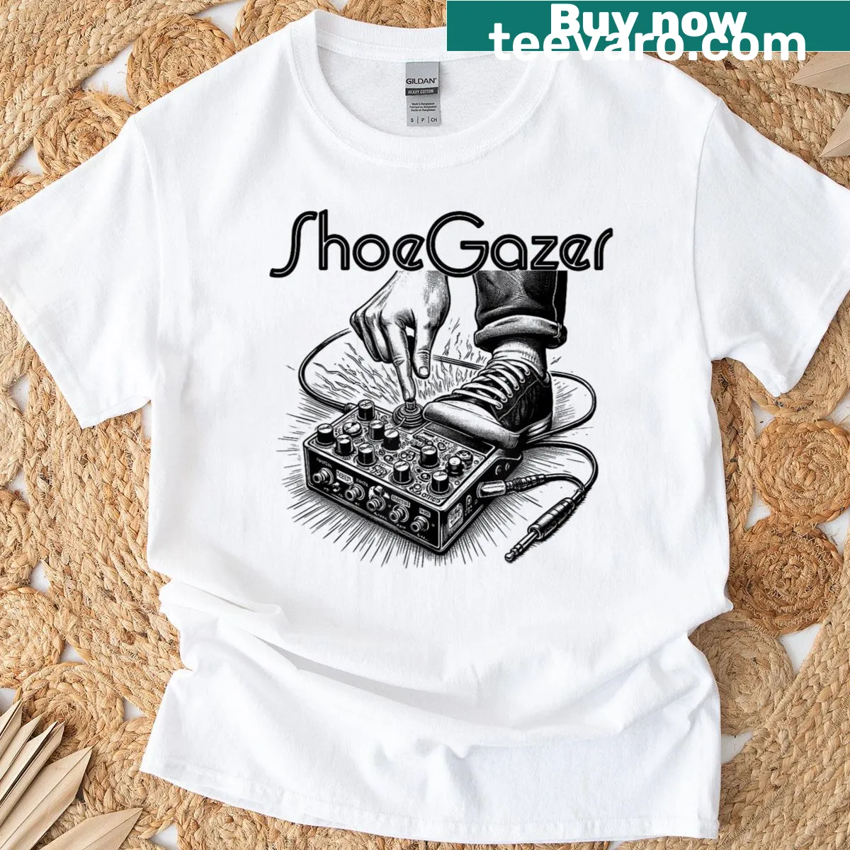 Shoegaze music theory t-shirt with effects pedal design — on a men's t-shirt
