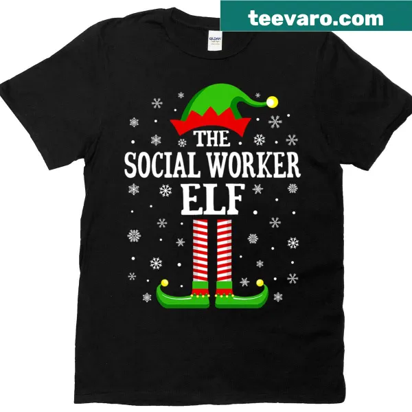 Funny Christmas T-shirt featuring a cartoon elf for social workers