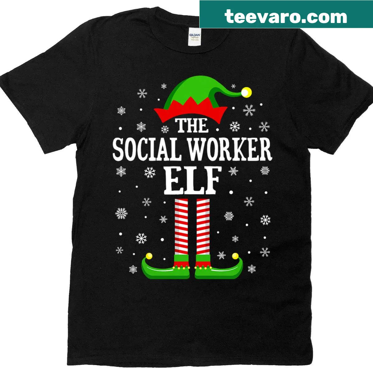 Funny Christmas T-shirt featuring a cartoon elf for social workers — on a men's t-shirt