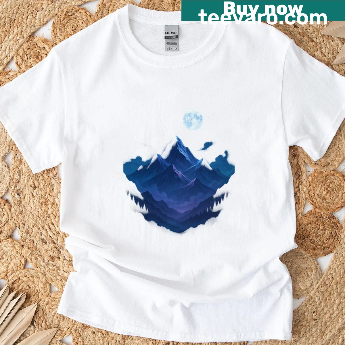 Mountain landscape under a starry sky illustration on t-shirt — on a men's t-shirt