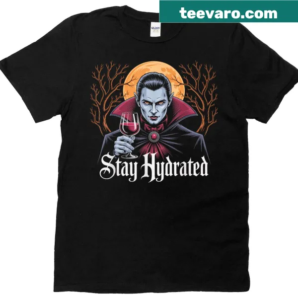 Funny vampire graphic holding a glass of blood for Halloween