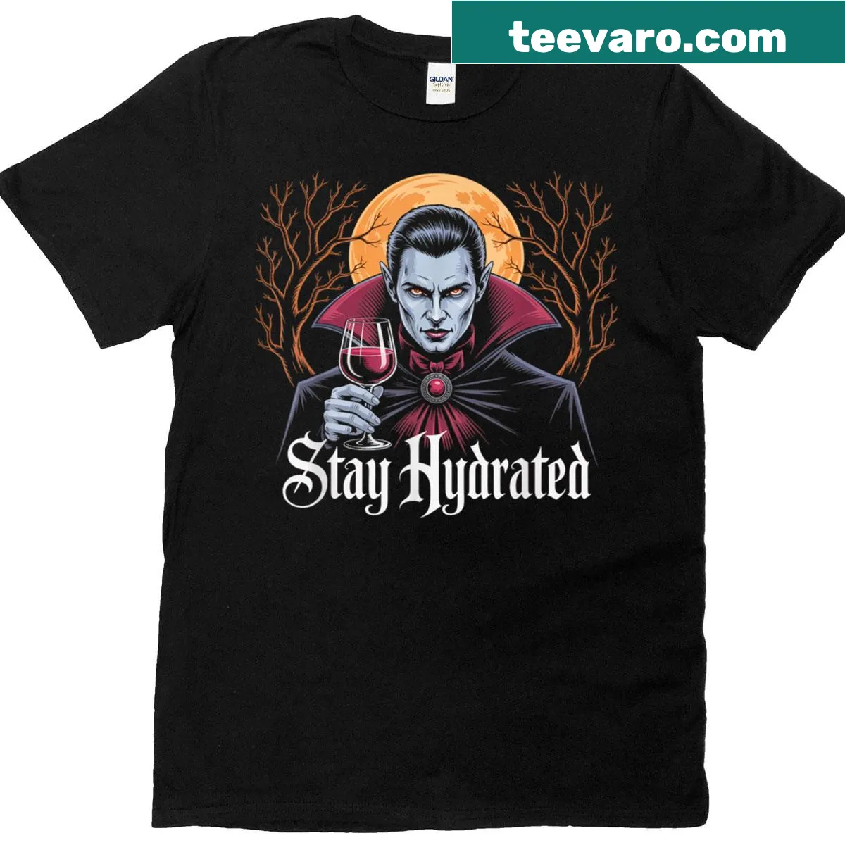 Funny vampire graphic holding a glass of blood for Halloween — on a men's t-shirt