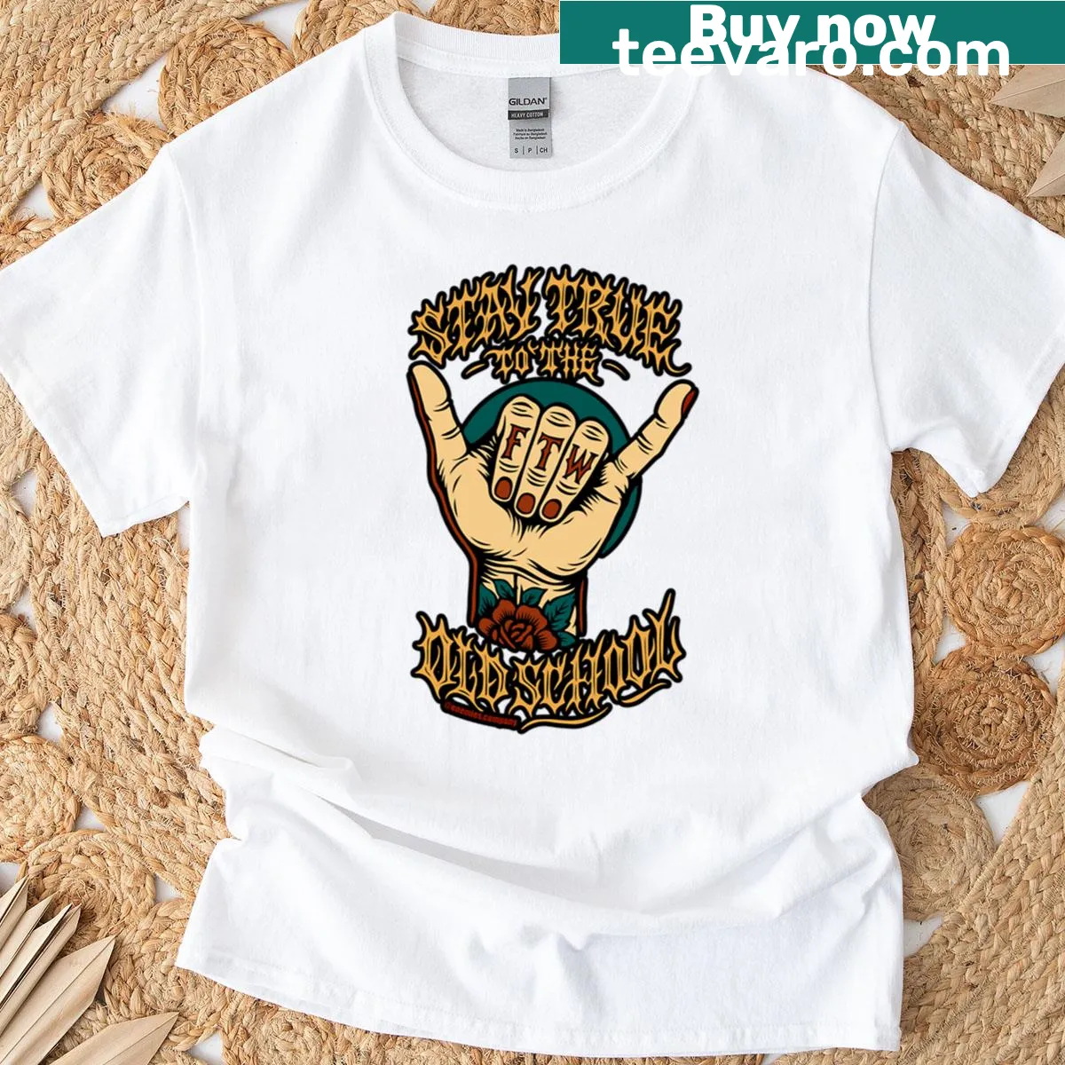 Old school themed t-shirt with bold text graphic — on a men's t-shirt