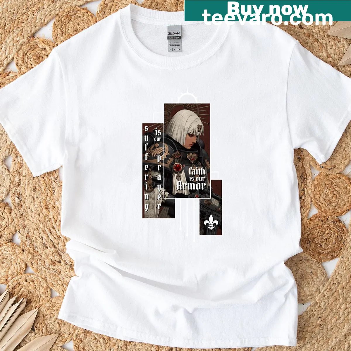 T-shirt featuring the phrase 'Suffering Is Our Prayer' in bold text — on a men's t-shirt