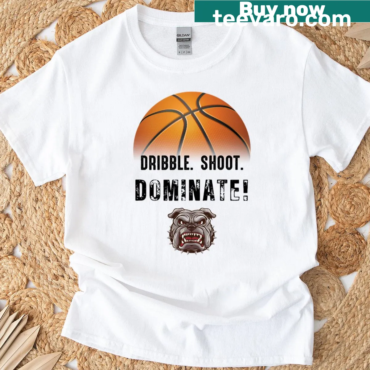 T-shirt with Summer Camp Basketball Dribble Shoot Dominate Bulldogs text — on a men's t-shirt