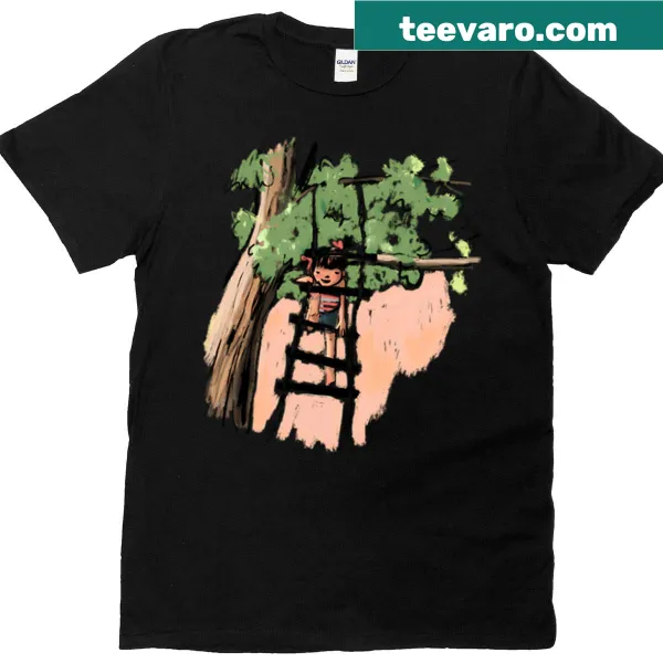 Whimsical treehouse illustration on a girl's summer T-shirt