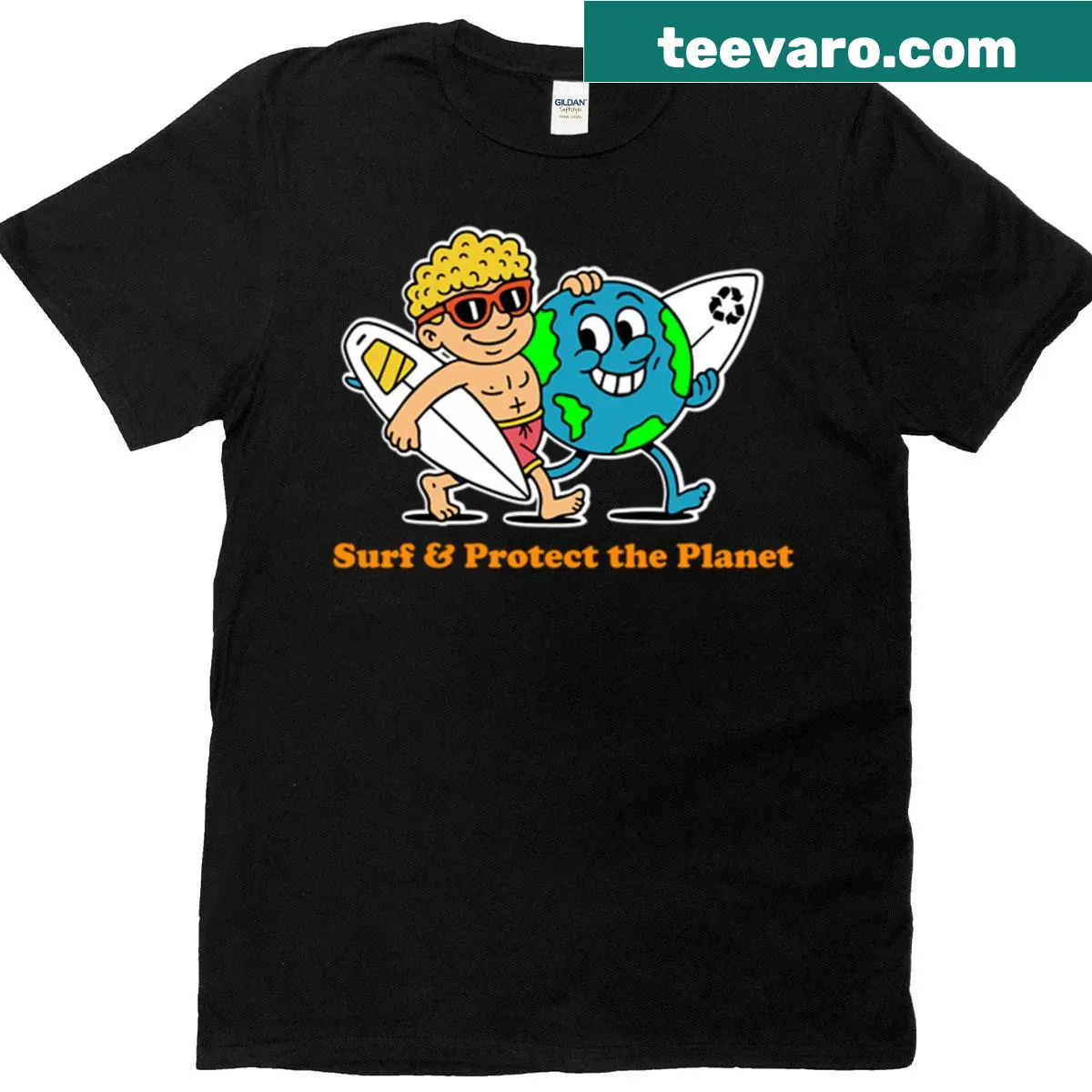 Cartoon design T-shirt promoting ocean conservation and surfing — on a men's t-shirt