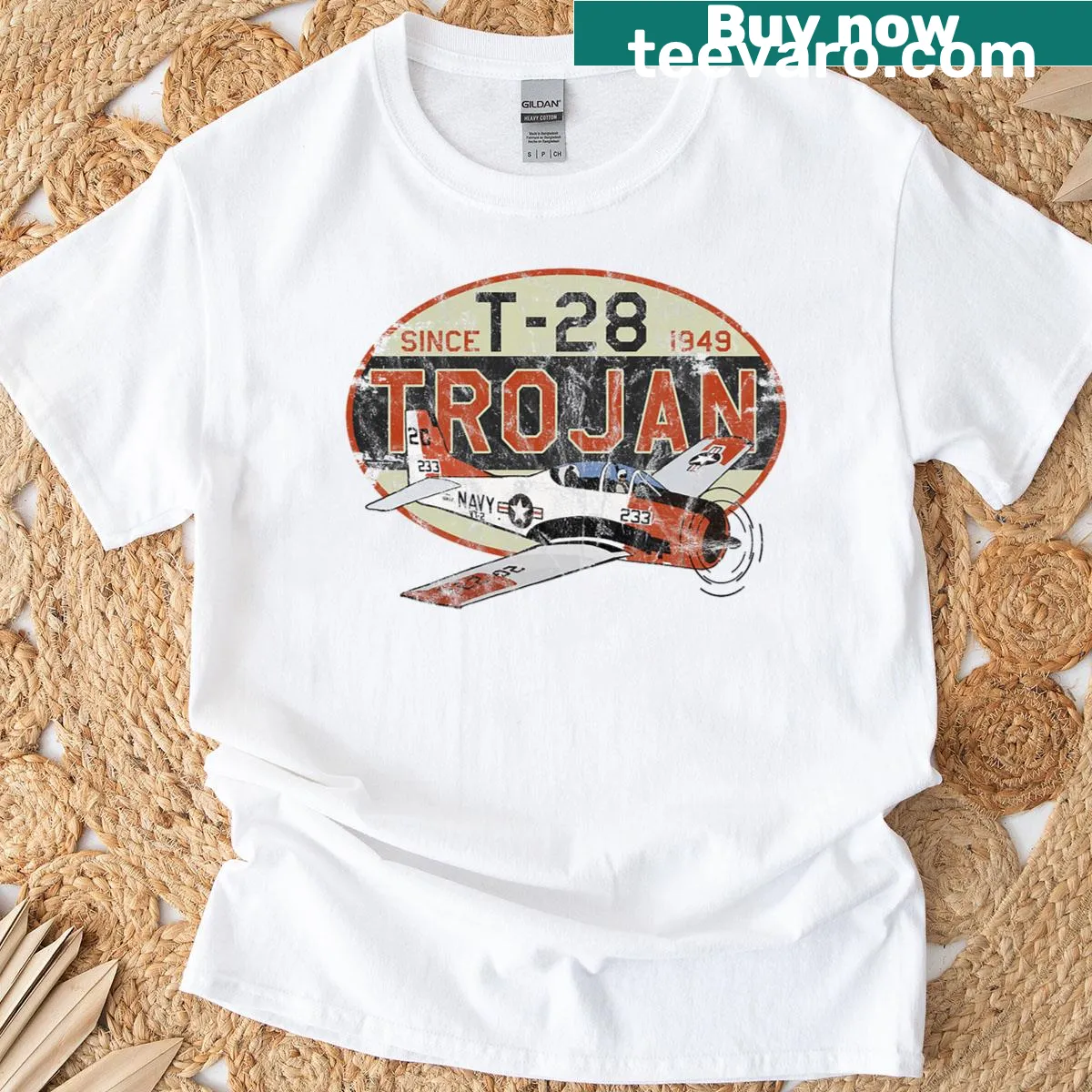 Vintage graphic t-shirt celebrating the T-28 Trojan airplane — on a men's t-shirt