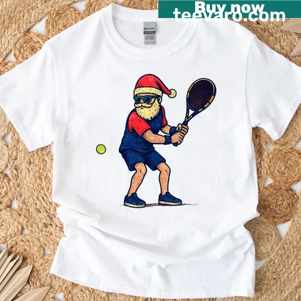 Vintage Santa tennis design on a humorous holiday t-shirt.