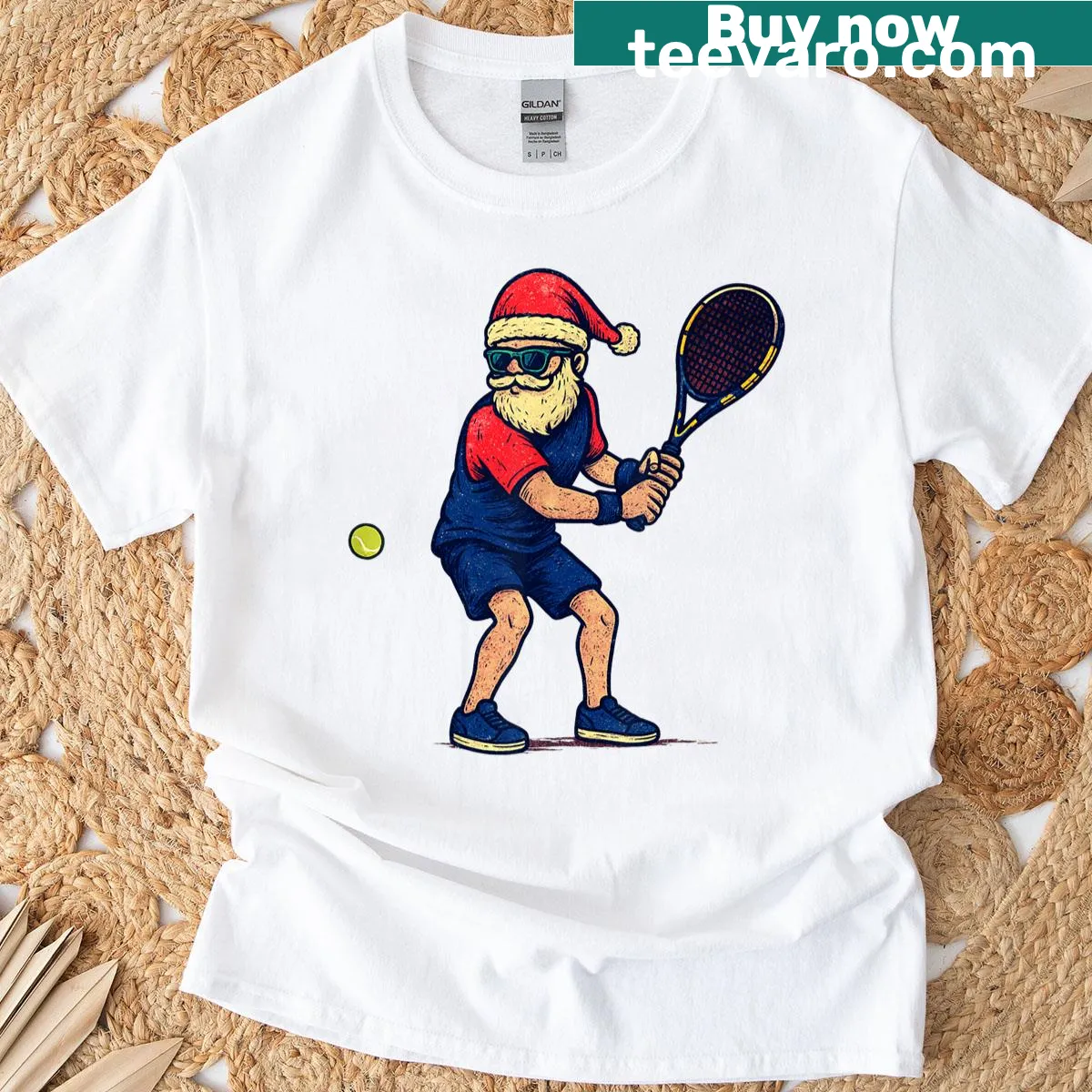 Vintage Santa tennis design on a humorous holiday t-shirt. — on a men's t-shirt