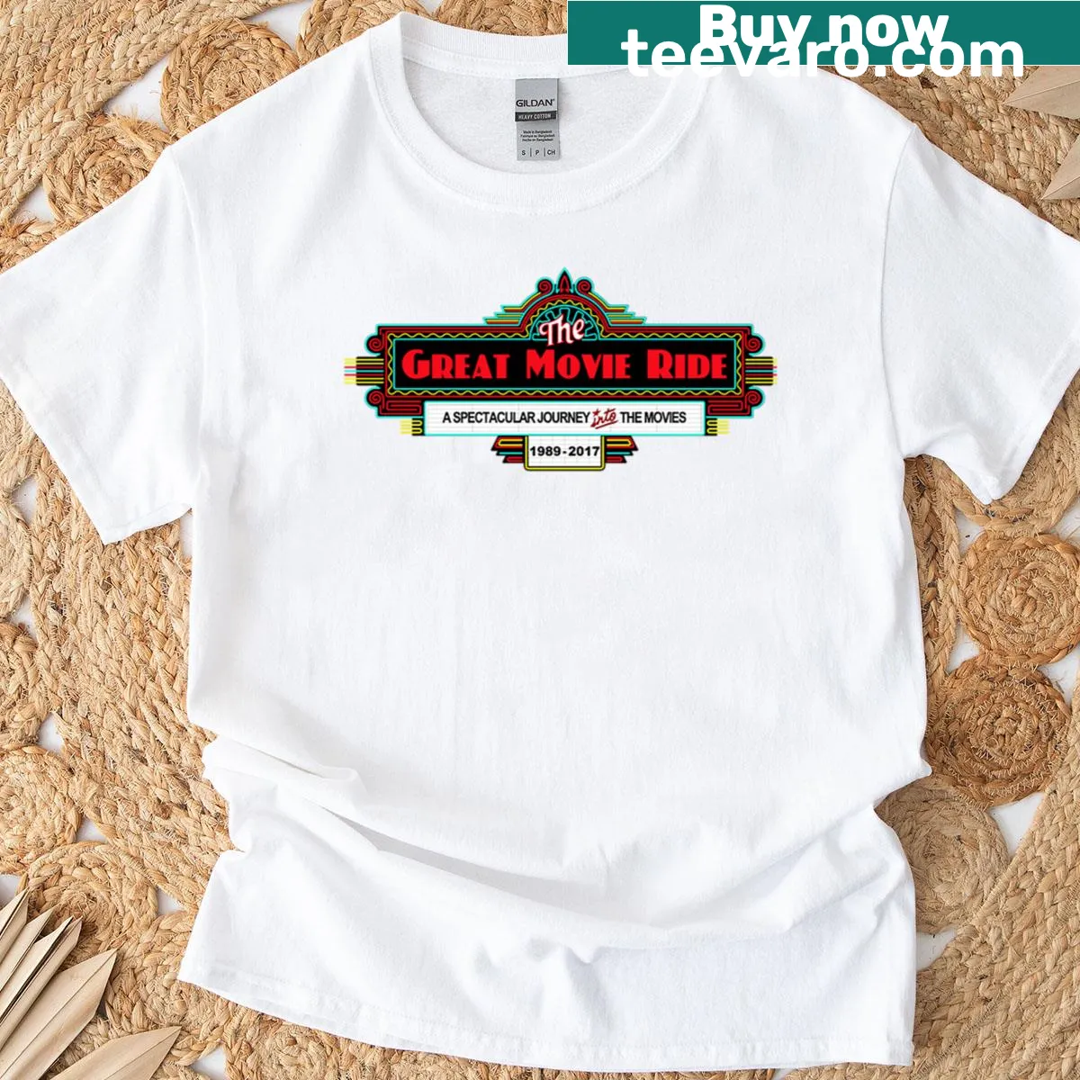 Logo of The Great Movie Ride on t-shirt — on a men's t-shirt