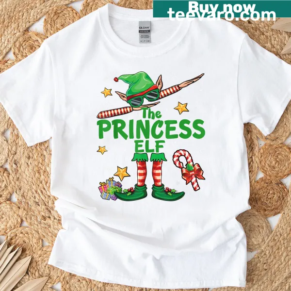 Matching family Christmas T-shirt with cartoon princess elf dabbing