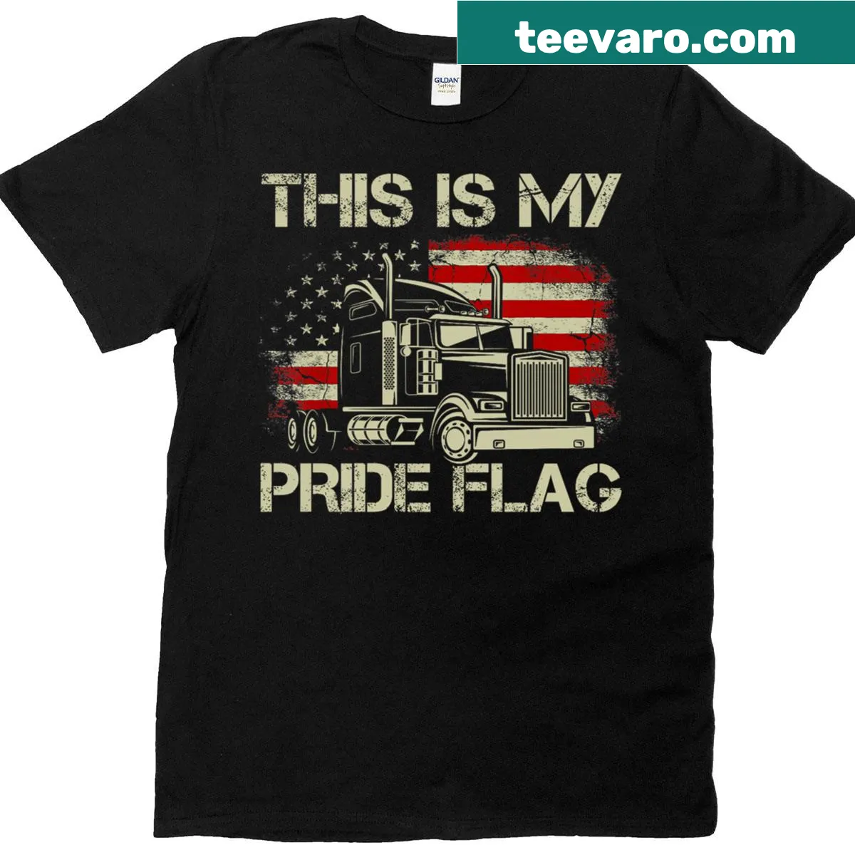 Pride flag and American flag T-shirt for truck drivers — on a men's t-shirt