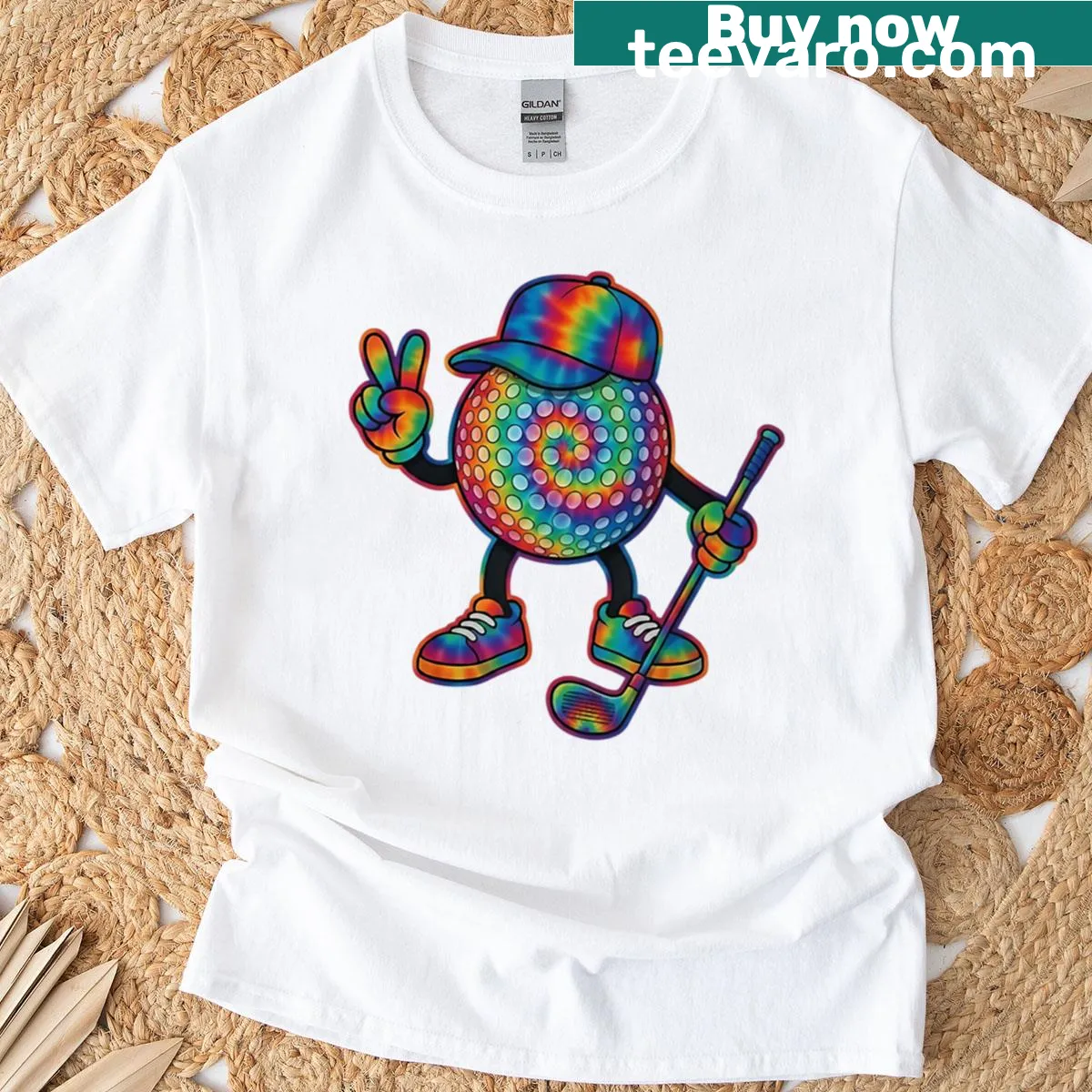 Tie dye design featuring a golf ball and peace sign for sports lovers — on a men's t-shirt