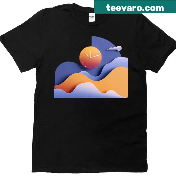 Artistic T-shirt featuring a snowy paper triangle clock illustration