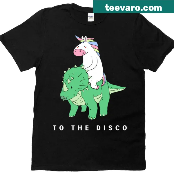 Funny T-shirt featuring a disco unicorn and triceratops illustration