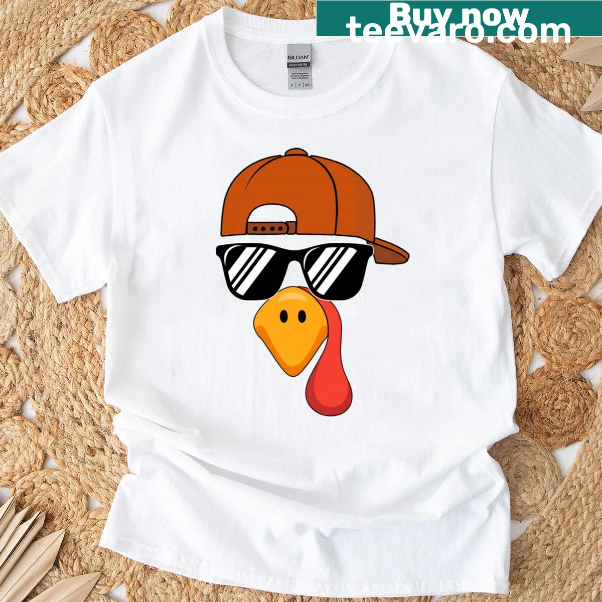 Cartoon turkey wearing a hat and glasses on T-shirt — on a men's t-shirt