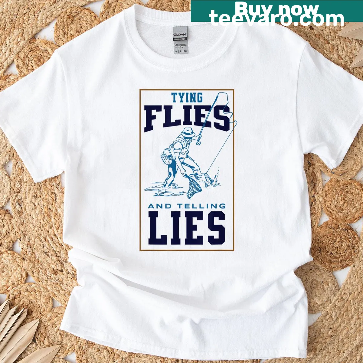 Funny T-shirt featuring Tying Flies And Telling Lies text — on a men's t-shirt