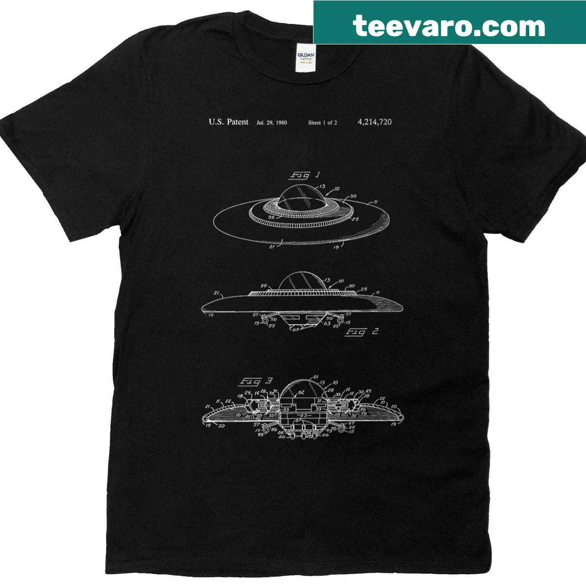 Vintage UFO patent blueprint t-shirt with flying saucer diagram — on a men's t-shirt