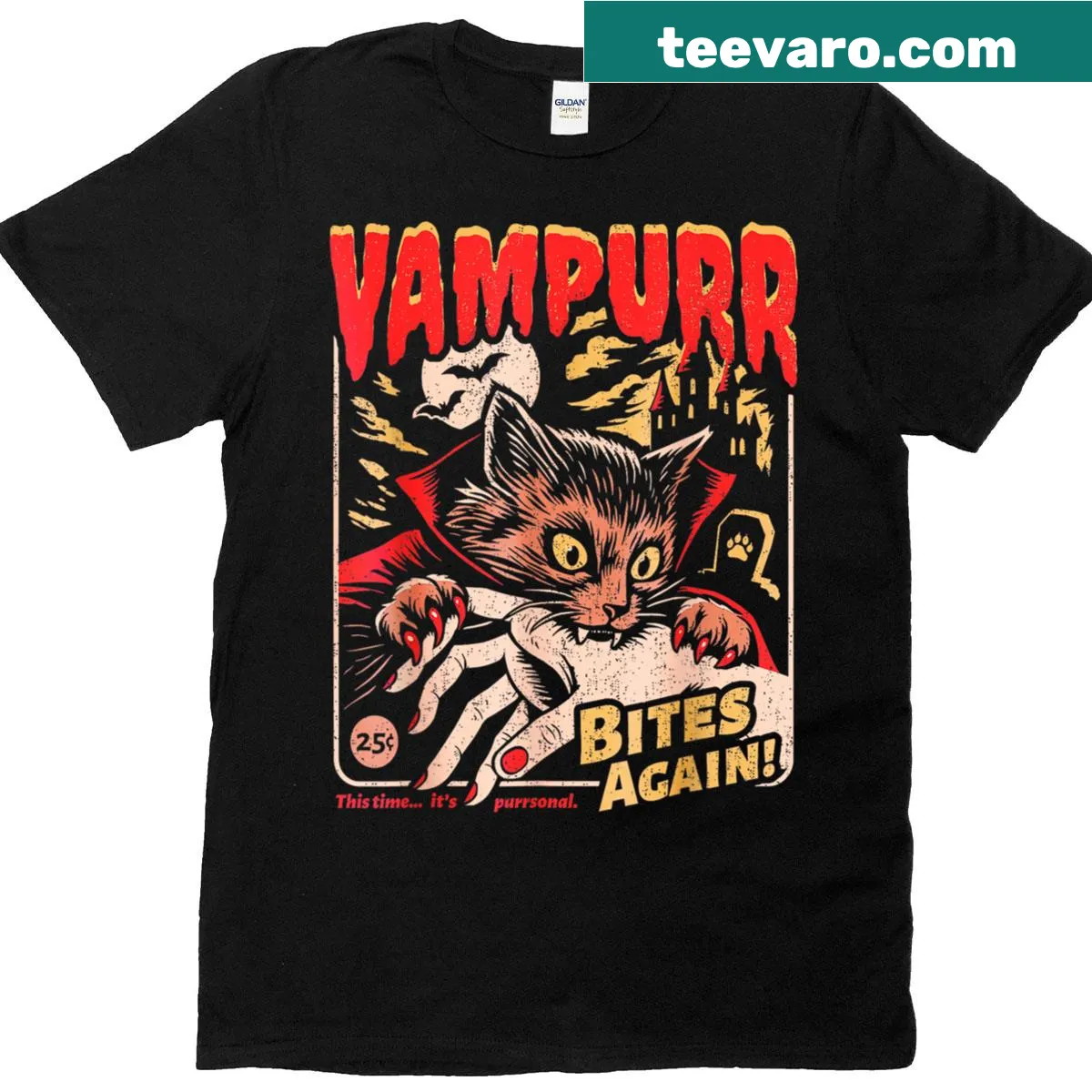 Vintage vampire cat Halloween t-shirt with pun and spooky design — on a men's t-shirt