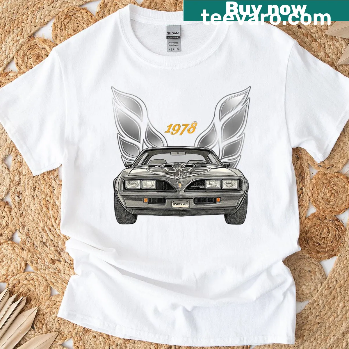 Vintage decal of 1978 Trans Am muscle car on t-shirt — on a men's t-shirt