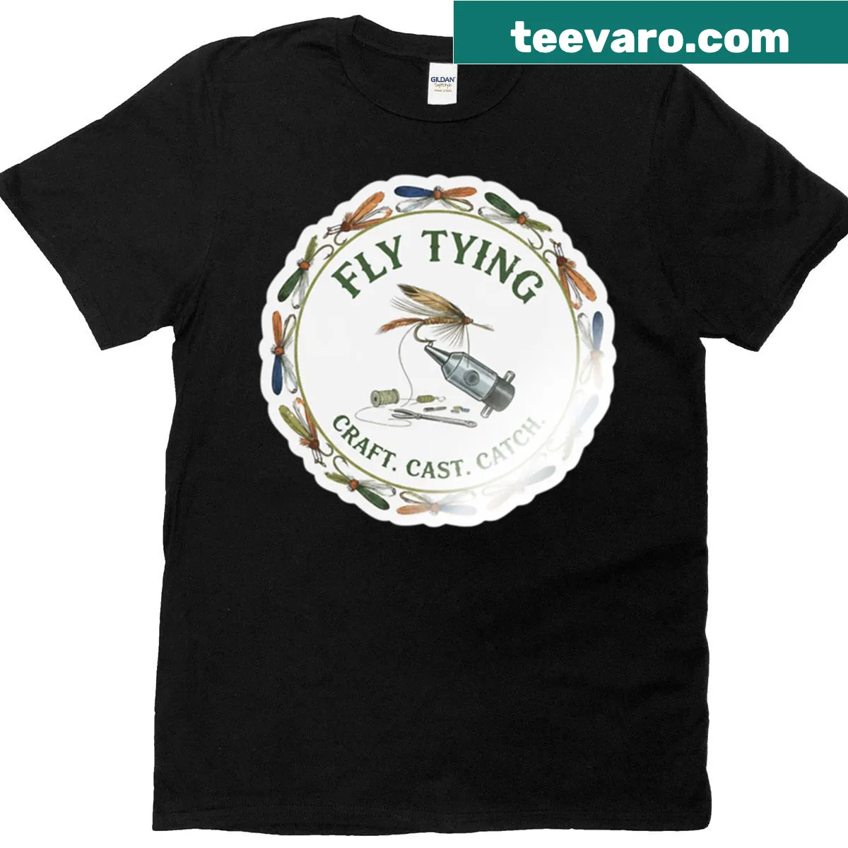 Vintage-style T-shirt featuring a fishing vise and flies graphic — on a men's t-shirt