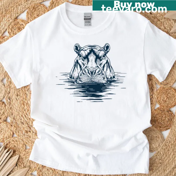 Vintage T-shirt featuring a hippo in a river illustration