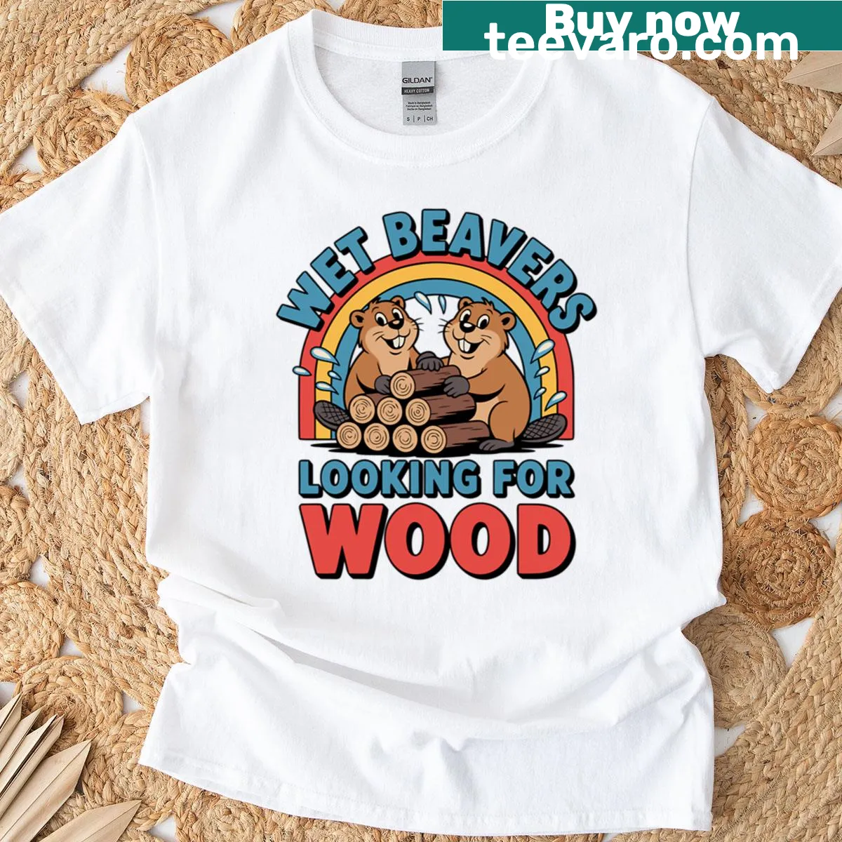 Cartoon beavers humorously looking for wood on T-shirt — on a men's t-shirt