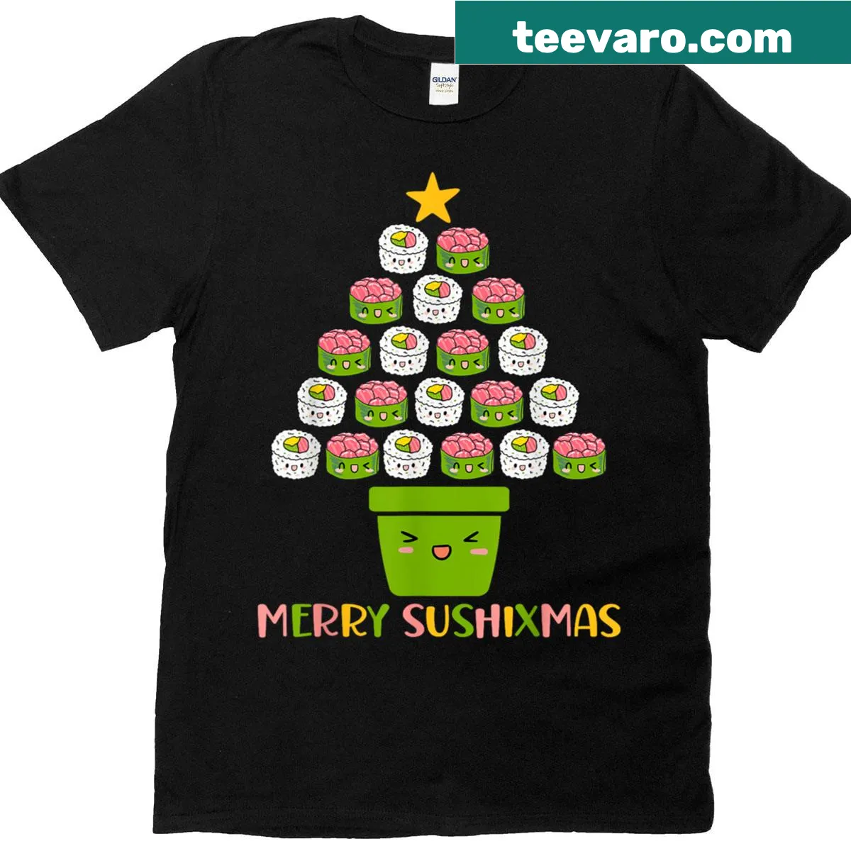 Kawaii sushi-themed t-shirt with a festive design — on a men's t-shirt
