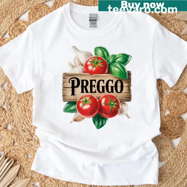 Pregnancy announcement t-shirt featuring 'Preggo' graphic