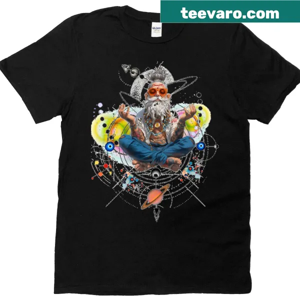 Illustration of an old man doing yoga in space