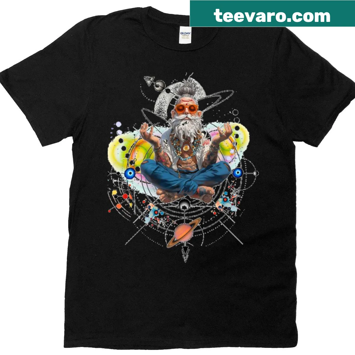Illustration of an old man doing yoga in space — on a men's t-shirt