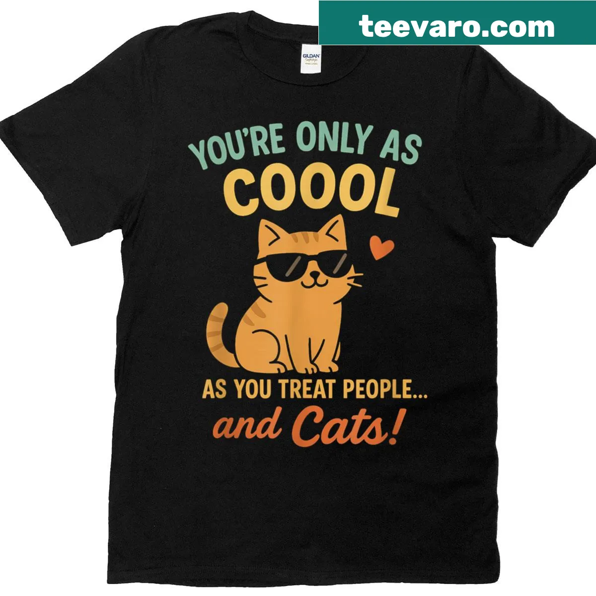 Humorous t-shirt with text about treating people and cats well — on a men's t-shirt