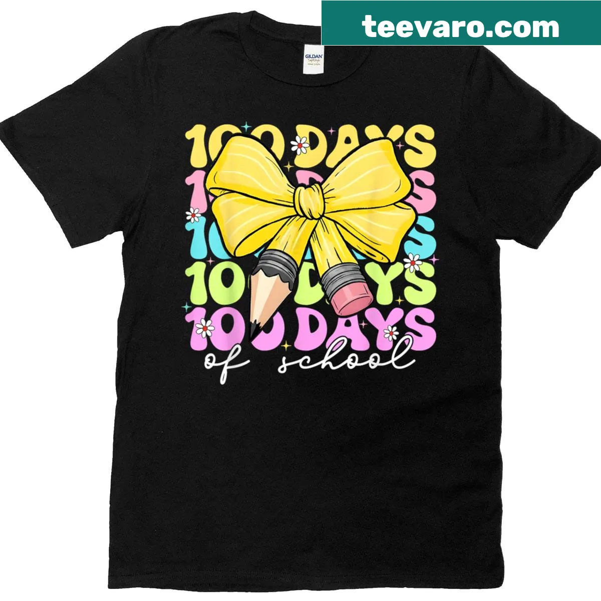100th Day of School t-shirt with pencil and bow graphic — on a men's t-shirt