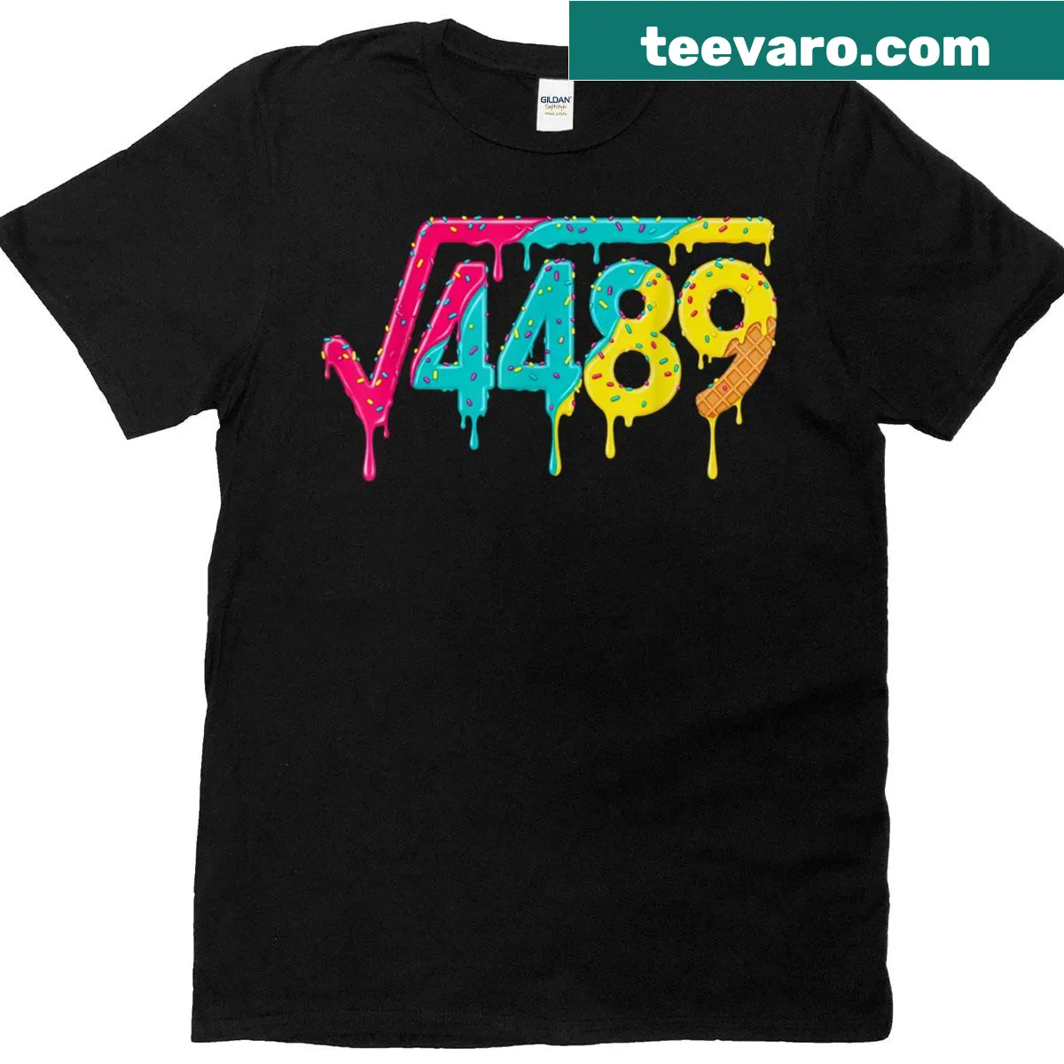Math teacher t-shirt with ice cream drip and Square Root 4489 phrase — on a men's t-shirt
