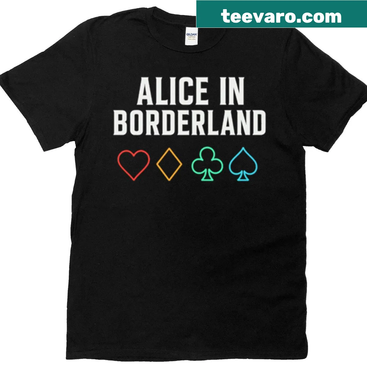 Neon card graphic from Alice In Borderland on a T-shirt. — on a men's t-shirt