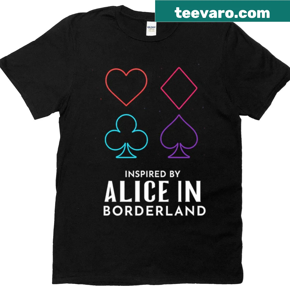 Neon card symbols inspired by Alice in Borderland on T-shirt — on a men's t-shirt