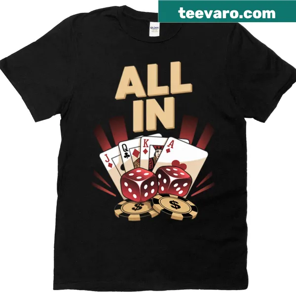 Playing cards and 'All In' graphic for poker lovers on a t-shirt