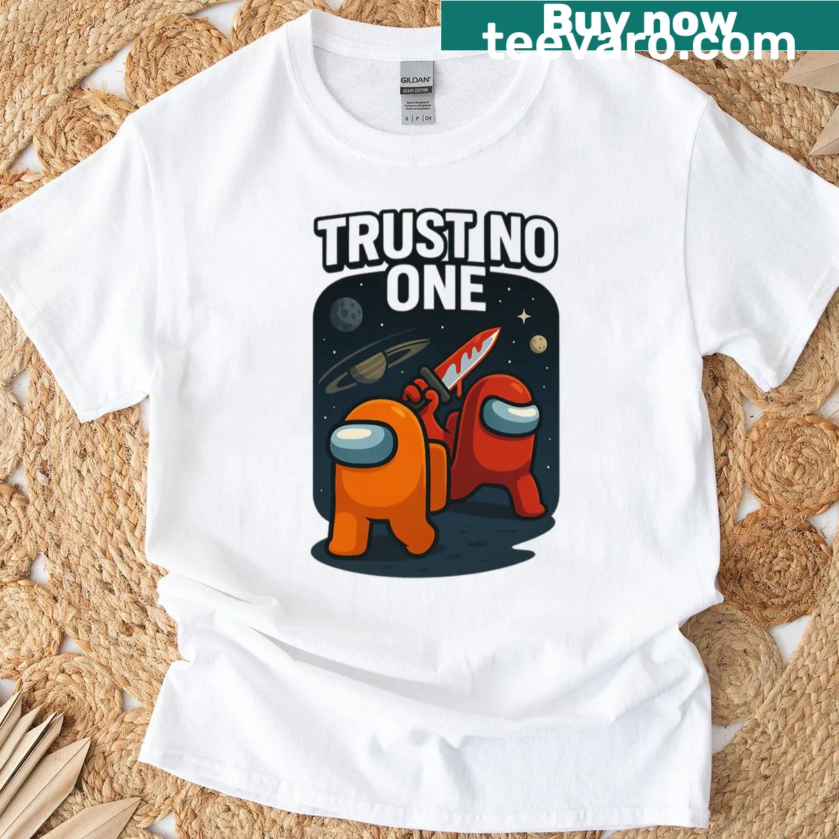 Among Us themed T-shirt with 'Trust No One' text — on a men's t-shirt
