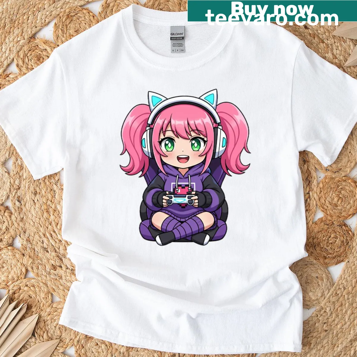 Cartoon anime girl gamer graphic on a T-shirt — on a men's t-shirt