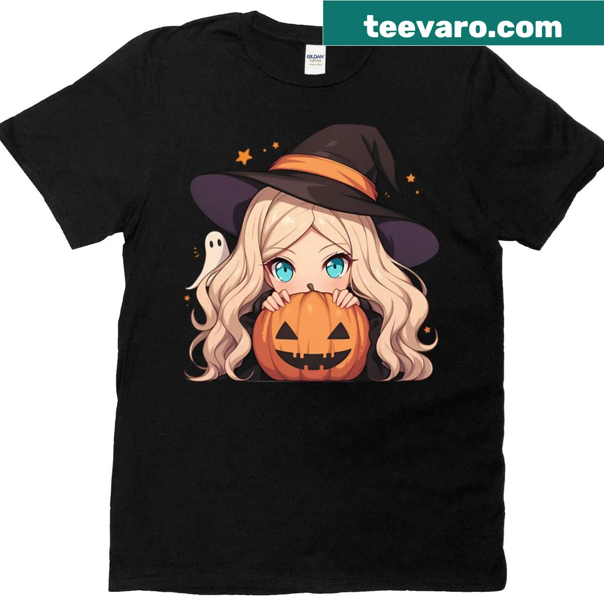 Chibi Ann Takamaki as a pumpkin witch graphic on T-shirt — on a men's t-shirt
