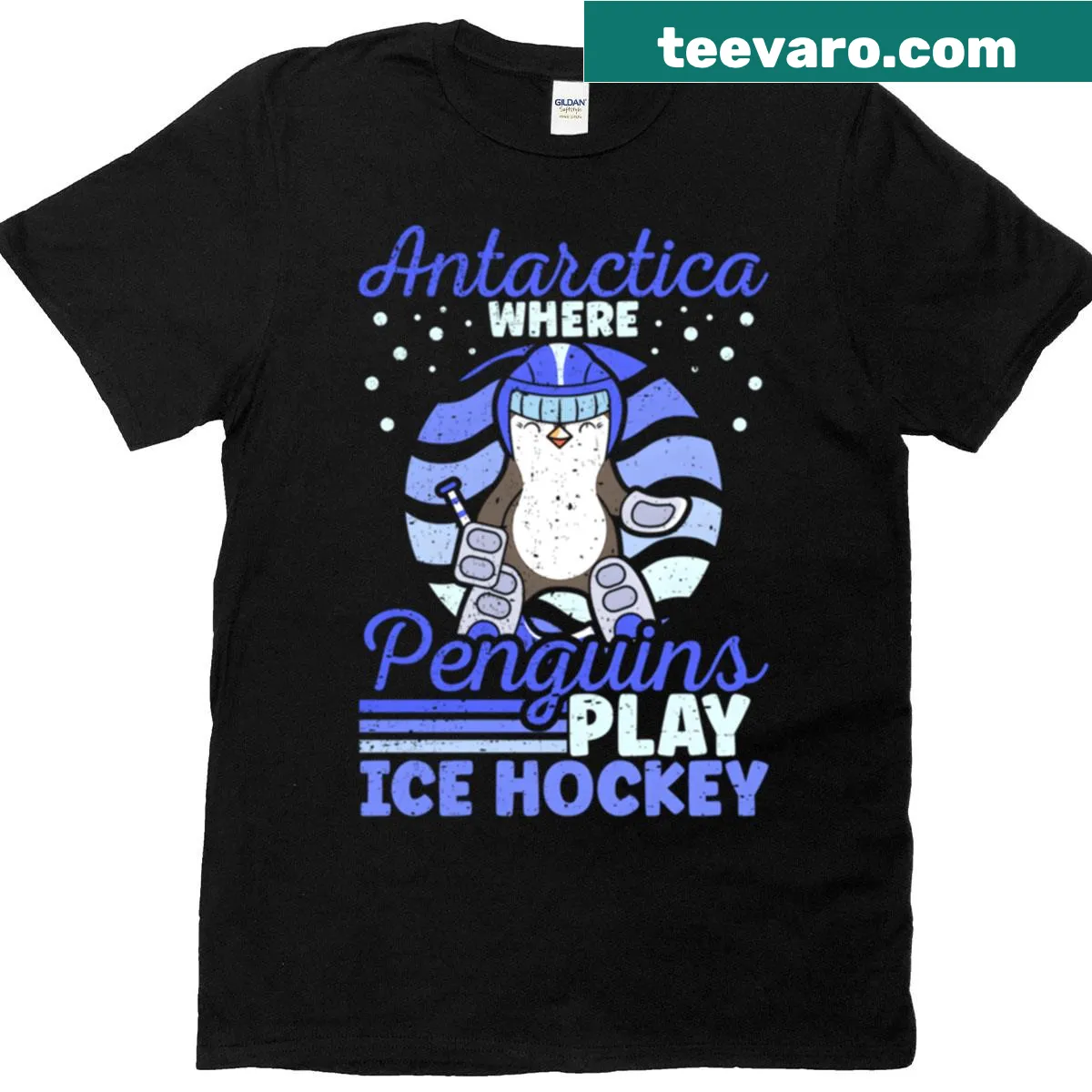 Illustrated T-shirt featuring penguins playing ice hockey in Antarctica — on a men's t-shirt