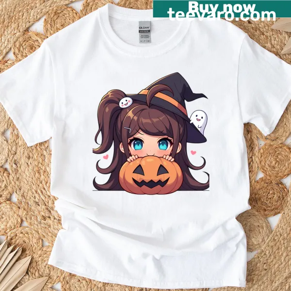 Cute chibi anime girl dressed as a witch with a pumpkin on a T-shirt